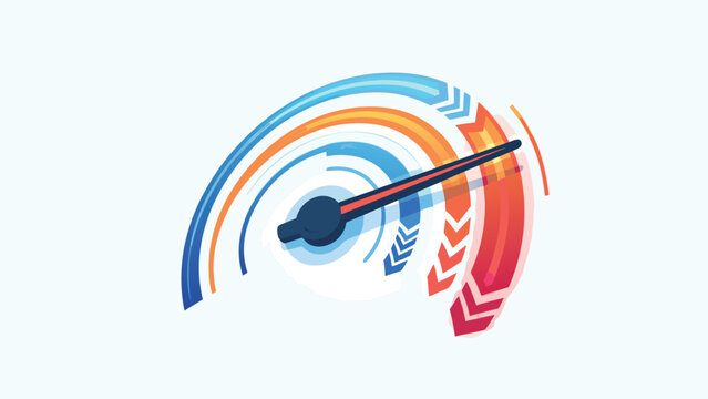 Modern flat vector illustration of a speedometer gauge reaching maximum speed with vibrant blue orange and red arcs, representing high performance, fast acceleration, and internet connection speed.