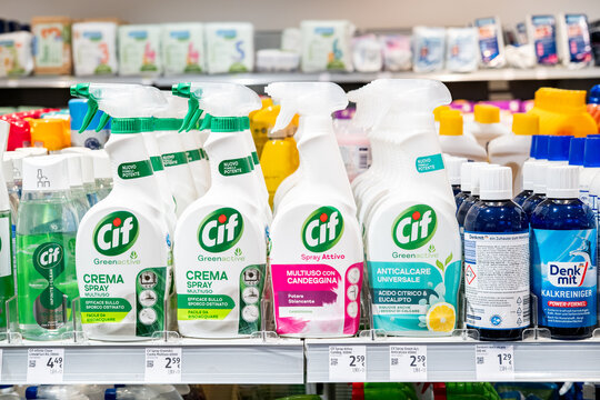 Supermarket Shelf Display Of Cif Cleaning Sprays And Household Detergents In Store Milan Italy May 14, 2026