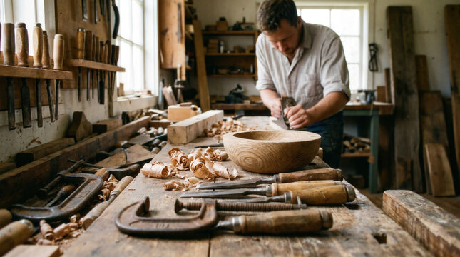 woodworker shaping wooden bowl in rustic workshop with chisels clamps curls on bench artisan craft handmade carpentry skill traditional tools furniture making concept heritage design