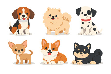 Fototapeta premium Cute Dog Breed Collection Vector Illustration Featuring Beagle Pomeranian Dalmatian Chihuahua Corgi and Shiba Inu Flat Cartoon Style Puppy Characters for Pet Shop Veterinary Clinic and Animal Design