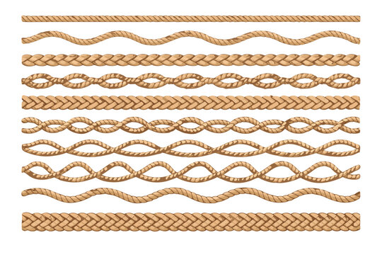 Seamless Rope Brush Patterns Set with Braided, Wavy, and Twisted Line Borders. Nautical Marine and Cowboy Style Decorative Cord, String, and Twine Frames for Graphic Design and Border Elements.
