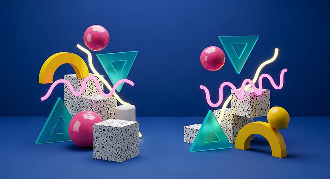 Vibrant Memphis style abstract colorful background with 3d art geometric shapes terrazzo cubes neon lines and spheres in a creative composition for modern art design