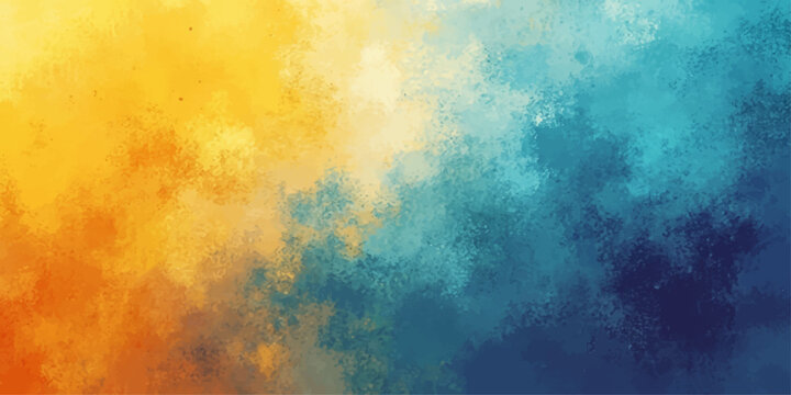 An abstract colorful watercolor background featuring a vintage grunge texture with orange fire smoke and red paint clouds on a blue paper canvas design