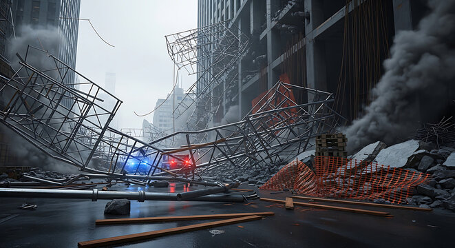 Dramatic scene of a major scaffolding accident and structural collapse at an urban construction site with smoke debris and emergency vehicle lights responding