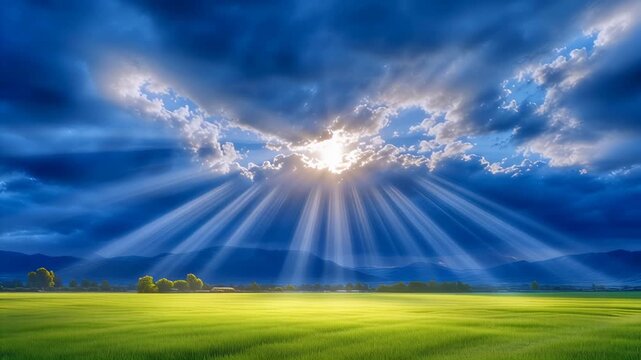 Sunlight breaks through clouds illuminating green fields with vibrant colors. Early morning setting creates a tranquil atmosphere