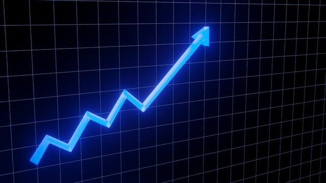 Blue neon arrow moving up on black grid background