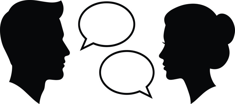 Silhouette heads of man and woman talking with empty speech bubbles communication dialogue discussion interview chat relationship vector icon illustration,