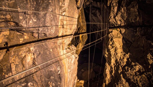 Tensioned metallic wires stretched across narrow dark granite rock crevices, forming a cinematic wide shot of an underground cavern path with rugged stone textures and dramatic natural shadows.