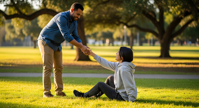 A man helping a woman get up from the grass in a park