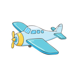 Naklejka premium Cute cartoon airplane with yellow propeller and blue wings flying