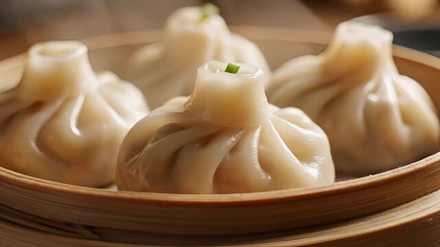 Steaming Hot Dumplings in a Bamboo Steamer Basket Close Up.