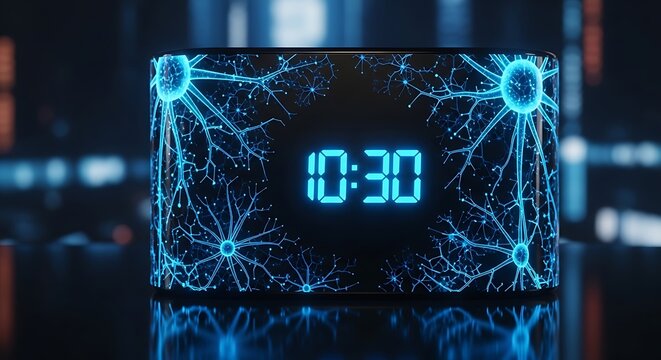 Glowing blue digital clock displaying 10:30 with futuristic neural network design