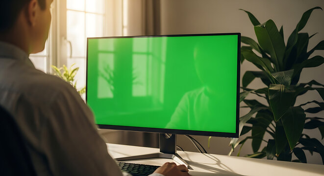 Man working at computer desk with large green screen monitor for copy space