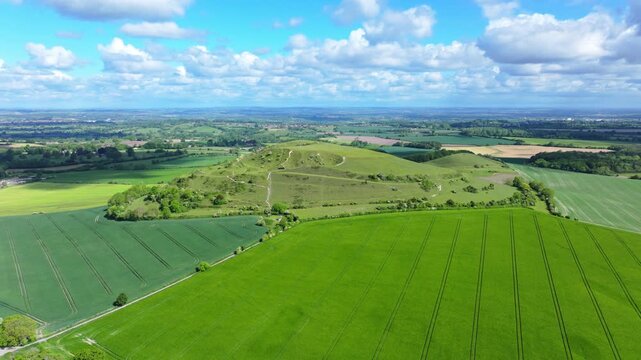 Aerial shot of Cley Hill in Wiltshire, UK