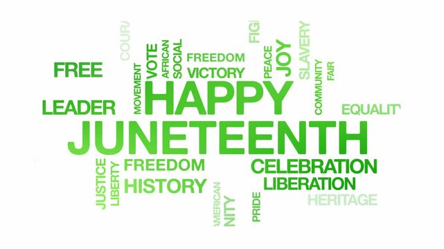 Happy juneteenth concept Animated Tag Word Cloud kinetic typography, Text Design Animation typography seamless loop video motion graphics Intro Wordart arrangement green type on white background bg 