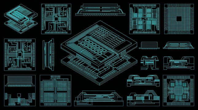 Neural Processor Collection Blueprint Technical Drawing Vector Set Multi View Cyan Outline on Black Background
