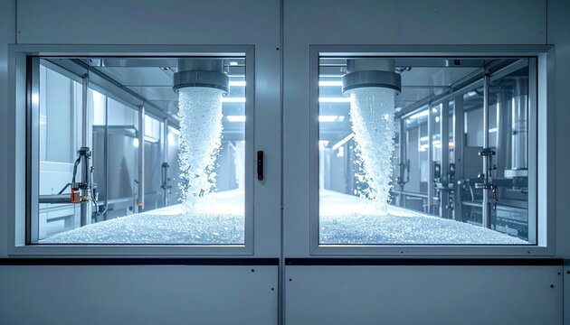 Industrial plastic resin pellets flowing through pneumatic tubes inside a clean automated manufacturing facility, featuring cinematic wide angle views of modern processing and material handling system