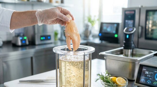 Chef preparing food with modern sous vide cooking equipment in a professional kitchen