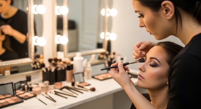 Professional makeup artist applying glamorous eye makeup to a model.