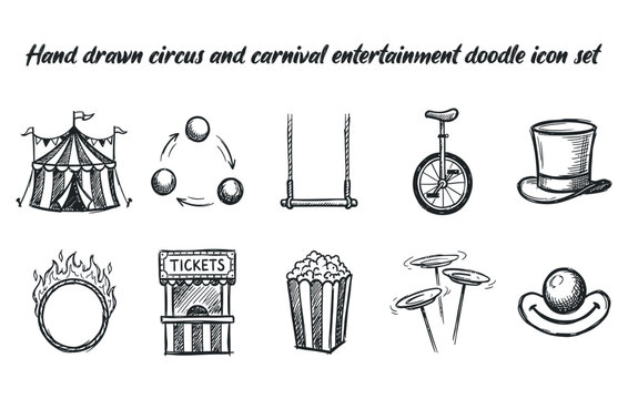 Hand drawn circus and carnival entertainment doodle icon set