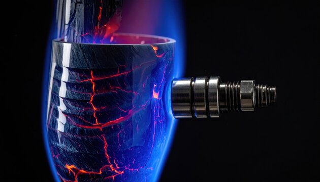 Industrial plasma coated ceramic nozzle engineering component showing glowing internal heat striations and reinforced metallic fittings for high temperature thermal spray equipment performance analysi