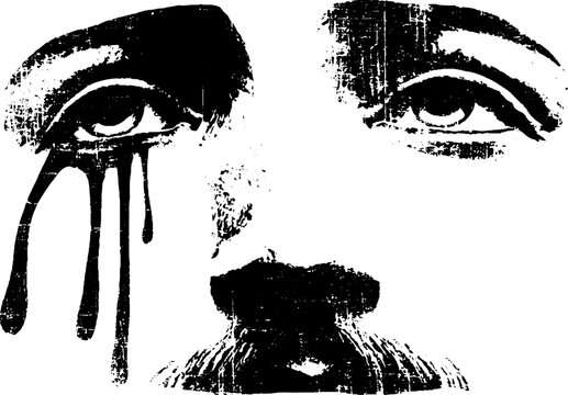 High contrast black and white closeup of christ face with dripping tears for emotional poster and stencil design