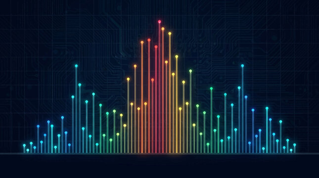 Vibrant sound wave graph rises prominently against abstract dimensional background