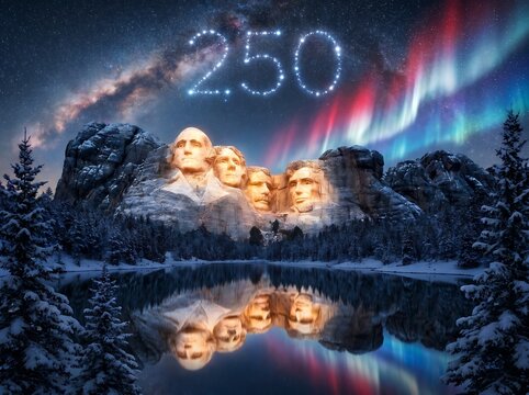 Mount Rushmore at night with 250 stars and aurora borealis