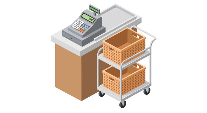 A wooden checkout counter stands next to a two-tiered utility cart featuring wicker baskets on a plain white background in a simplified isometric retail illustration.