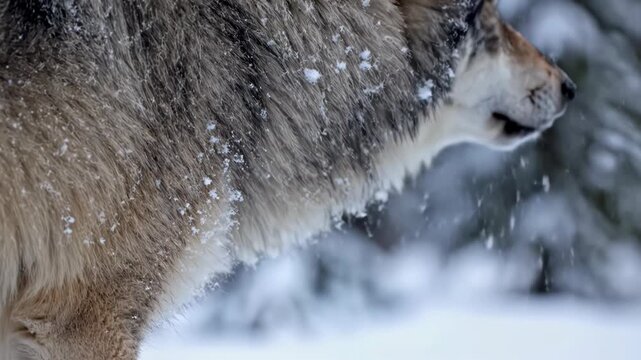 Close-up of a gray wolf's thick winter fur covered in fresh snowflakes during a snowfall in a winter forest, showing details of the coat and the side profile of the animal's head.