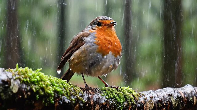 European Robin Singing on a Mossy Branch in the Heavy Rain
