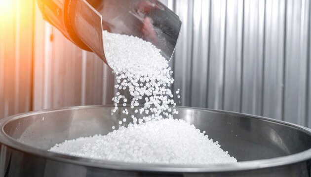 Polyethylene resin beads pouring into a stainless steel industrial container during high speed manufacturing, showcasing advanced plastic production and raw material processing for global supply.