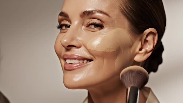 Close Up Of A Smiling Woman Applying Foundation With A Makeup Brush In Soft Natural Light