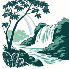 tropical waterfall scene with lush vegetation stylized illustration © mmmm