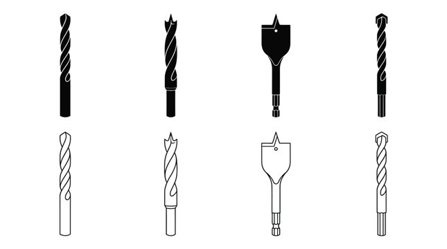 drill bit silhouettes set of four different types on white