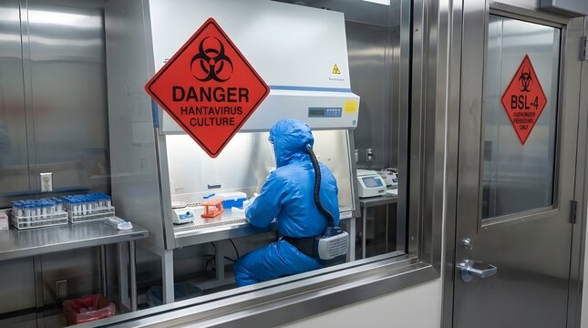 Hantavirus research scientist working with dangerous viral culture in biosafety level 4 lab