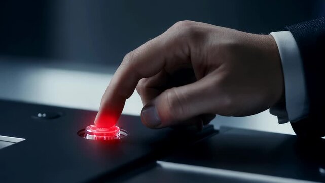 Hand presses button on control panel activating red light. Modern industrial setting with clear focus on action. Concept of technology, communication, security systems