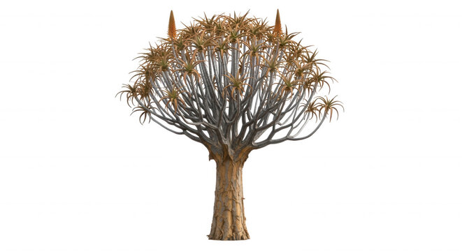 A quiver tree, aloidendron dichotomum, with a thick textured trunk and a dense, spreading canopy of succulent branches isolated on black