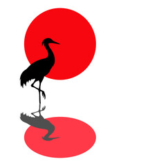 Fototapeta premium Logotipo con el dibujo de la silueta de una grulla de pie con una pata encogida, vista de perfil con el sol por detrás, con su reflejo en el agua 