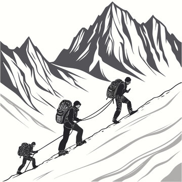 mountain climbers ascending snowy peak grayscale illustration