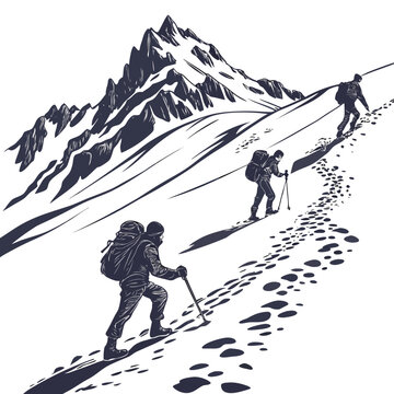 ski mountaineers traversing snowy mountain slope silhouette illustration