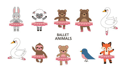 Fototapeta premium Cute ballet animals illustration wearing tutus and pointe shoes, isolated on white background for design