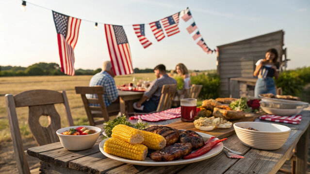 4th july american flag outdoor barbecue picnic table grilled chicken corn cob Rural 4th july outdoor barbecue picnic table with american flag