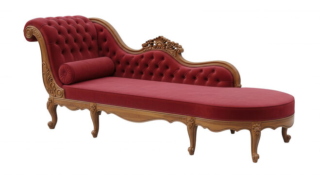 A red velvet chaise lounge with a tufted backrest and ornate carved wooden frame, isolated on a solid black background