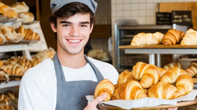Handsome male baker proudly presents fresh croissants in a warm bakery setting, radiating joy and passion for his craft