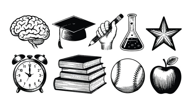 Black and white illustrations of education and learning objects