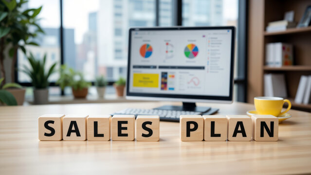 Sales plan sign frames a revenue target review for quarterly quota, pipeline forecast, lead conversion, territory goal, pricing decision and sales training deck built for business growth meeting