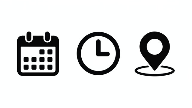 black icons of calendar clock and location pin on white background