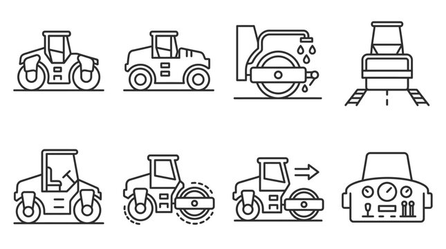 Collection of road roller compactor types and operational icons in black outline, isolated white background.