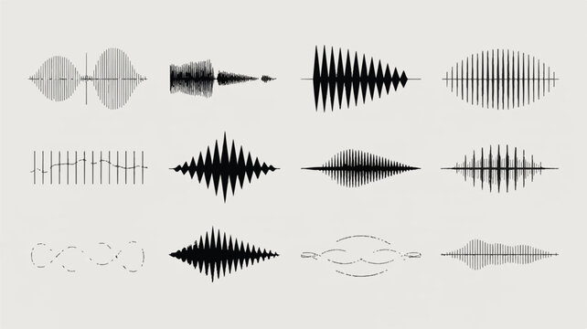 Collection of various sound wave patterns and designs for audio visualization